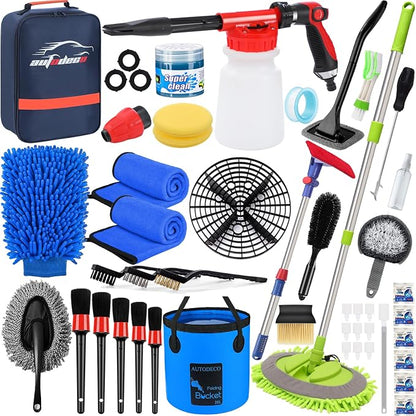 44Pcs Car Wash Detailing Kit Cleaning Kits with Foam Gun Sprayer Wash Mop with Long Handle Collapsible Bucket Large Wash Mitt Towels Complete Interior Exterior Car Washing Supply Set Blue