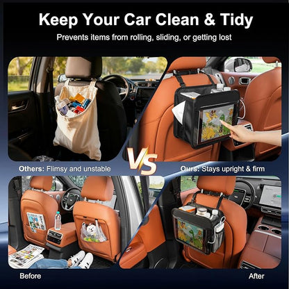 Car Organizer Bag for Back Seat Front Seat or Between Seats Premium PU Leather Hanging Storage Caddy with Tablet Holder Tissue Box Cup Bottle Holders Mesh Pockets for Kids Adults