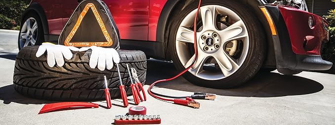 PICNIC TIME NCAA Cornell Big Red Roadside Emergency Car Kit, Auto Vehicle Safety Road Side Assistance with Jumper Cables and Car Tool Kit, (Black with Orange Accents)