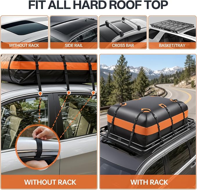 Car Rooftop Cargo Carrier Bag, 20 Cubic Feet Waterproof Heavy Duty Roof Bag with 8 Reinforced Straps & Combination Lock, Soft Shell PVC Car Top Luggage Carrier for SUV Truck RV, Travel Camping Storage