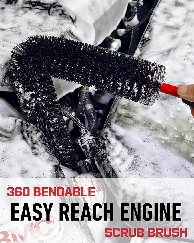 oesee 10PCS Engine Bay Cleaning Kit, Professional Under Hood Detailing Tools with Long Bendable Brush & Natural Bamboo Horsehair Brush, Applicators, Towel for Car, Truck