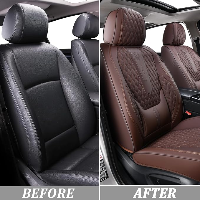 Coverado Car Seat Covers Full Set, 5 Seat Leather Seat Covers for Cars, Car Seat Protector with Lumbar Support, Waterproof Seat Covers Universal Fit for Most Cars SUV Trucks (Coffee)