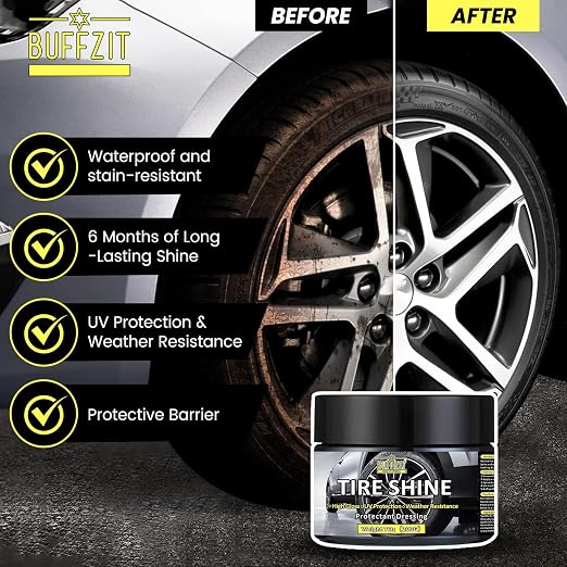 Tire Shine Gel & Wheel Cleaning Wax with Applicator Sponge, Long-Lasting Tire Dressing for Deep Black Wet Gloss Finish, UV Protection for Cars, Trucks, Motorcycles & RVs, 7oz/200g