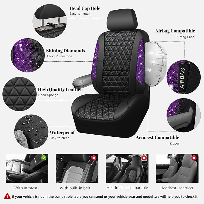 CAR PASS Bling Diamond Leather Car Seat Covers Full Seats Interior Sets, Waterproof Shining Glitter Sparkly Crystal Universal Armrest Fit Automotive Truck SUV Cute Women Girl, Black Purple Rhinestone
