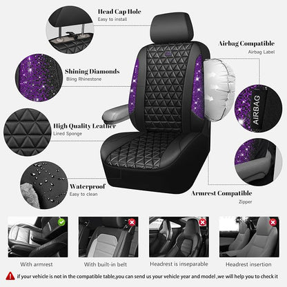CAR PASS Bling Diamond Leather Car Seat Covers Full Seats Interior Sets, Waterproof Shining Glitter Sparkly Crystal Universal Armrest Fit Automotive Truck SUV Cute Women Girl, Black Purple Rhinestone