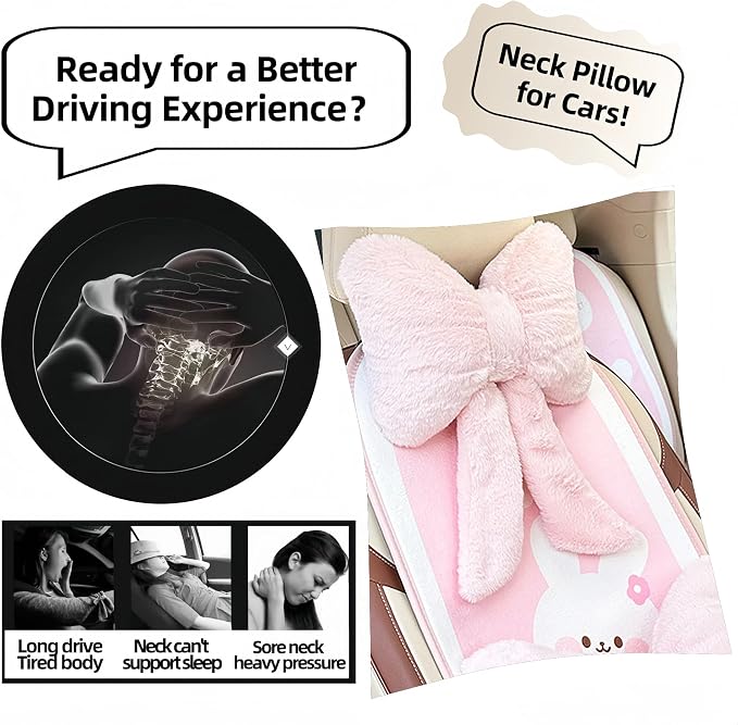 Car Neck Pillow 2PCS Plush Bowknot Car Headrest Pillow – Comfortable Neck Support for Driving Soft Touch Fabric Car Pillow Cute Interior Decor (Pink)