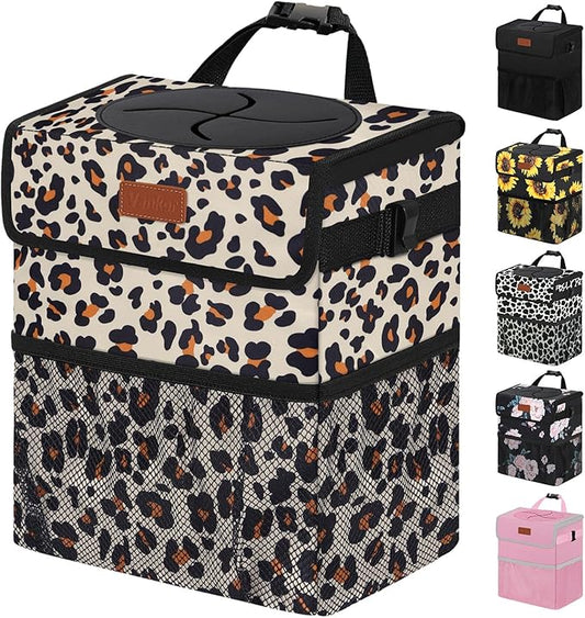 Vankor 3 Gallons Cute Car Trash Can, Car Accessories for Interior Leak Proof Can Trash Bag Hanging Waterproof Automotive Vehicle Garbage Cans Leopard Print Pattern