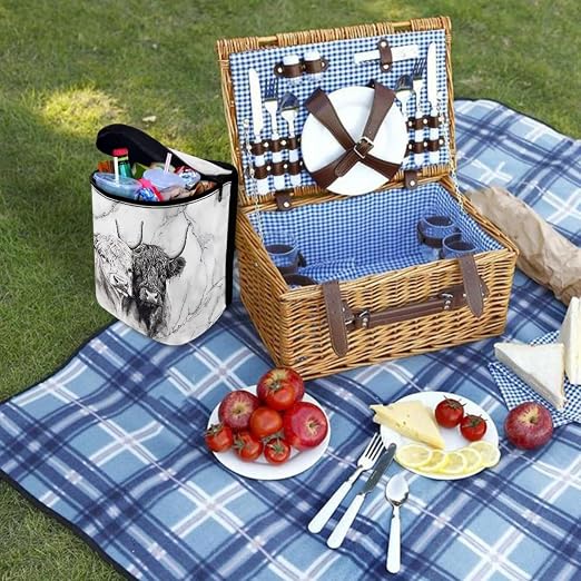 Talayituse Highland Cattle Marble Print Car Trash Bin, Large Size Auto Trash Can Adjustable Portable Garbage Can with Lid, Vehicle Hanging Bag for Headrest Front Back Seat