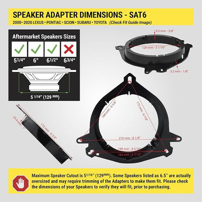 Scosche SAT6 5.25-6.5” Speaker Adapters Compatible with Select 2000-2020 Lexus, Scion and Toyota Vehicles - Adapter for 5 1/4' to 6 1/2' Car Door Speakers - Sold in Pairs - Does Not Fit 6.75' or 6X9'