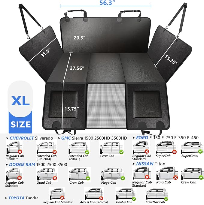 Truck Back Seat Extender for Dogs - Dog Seat Cover Back Seat for Trucks with Hard Bottom, Waterproof Anti Scratch Dog Travel Hammock for F150 RAM Silverado Sierra Tundra, Black