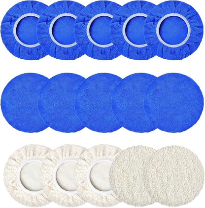 15 PCS Car Polisher Pad Bonnet 5 to 6 Inch, Car Polishing Bonnet Buffing Pads, Lamb Fleece Buffing Pad Cover, 10*Microfiber 5*Woollen