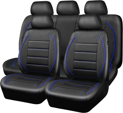 CAR PASS Universal FIT Piping Leather Car Seat Cover, for suvs,Van,Trucks,Airbag Compatible,Inside Zipper Design and Reserved Opening Holes (Full Set, Black and Blue)