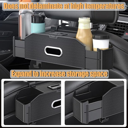 Back Seat Car Organizer,4 in 1 Multifunctional Car Back Seat Storage Box with Trash Can Drink Cup Holder Tissue Box, for Hold Phone,Snacks, Drinks, Handbag-Grid