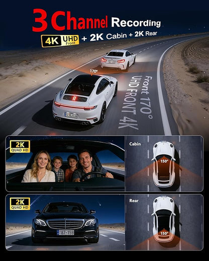 4K+2K+2K 3 Channel Dash Cam Front and Rear, 128GB Card Included, Dash Camera for Cars 5.8G/2.4G Dual Wifi, Built-in GPS, Night Vision, WDR, 170°Wide Angle, G-Sensor Emergency Lock, 24H Parking Monitor