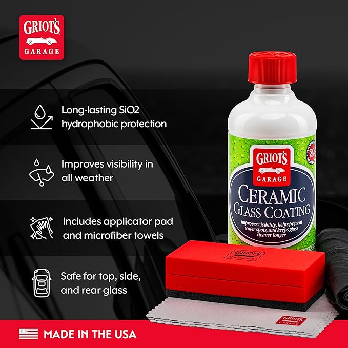 Griot's Garage Ceramic Glass Coating Kit for Cars, SiO2 Hydrophobic Sealant for Windshields and Auto Detailing, Includes Applicator Pad and Microfiber Towels, 10867