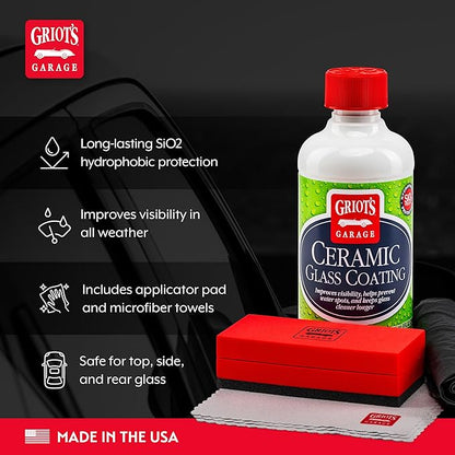 Griot's Garage Ceramic Glass Coating Kit for Cars, SiO2 Hydrophobic Sealant for Windshields and Auto Detailing, Includes Applicator Pad and Microfiber Towels, 10867