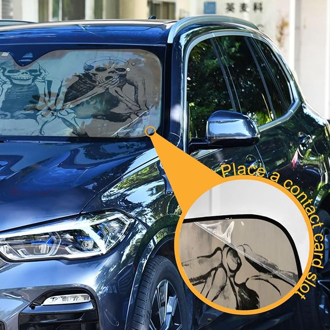 Windshield Sun Shade Shabby Skull Skeletons Front Window Block UV Shades Visor Reflective Retractable for Car SUV Trucks