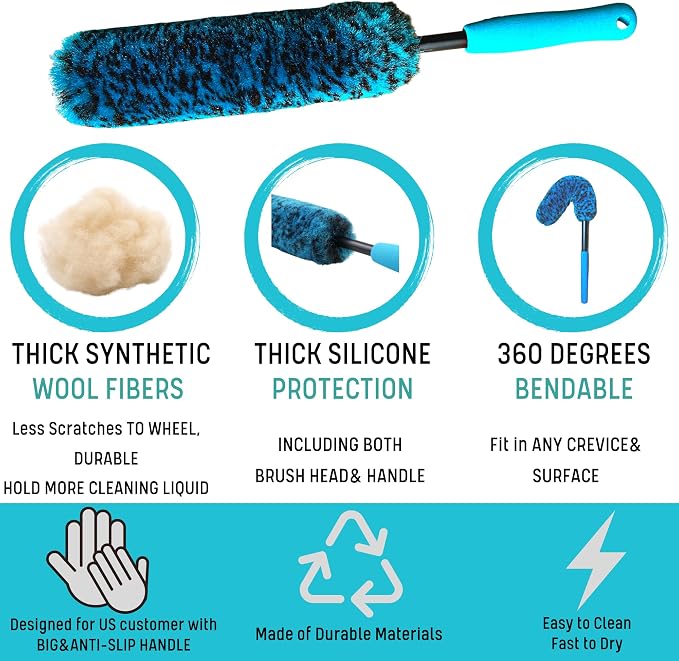 oesee 6PCS Car Wheel Cleaning Detailing Pro Kit, Tire Brush, 2 PCS Soft Wool Rims Brush, Detailing Brush, and Tire Dressing Pads, Scratch-Free & Multipurpose Tire Brush
