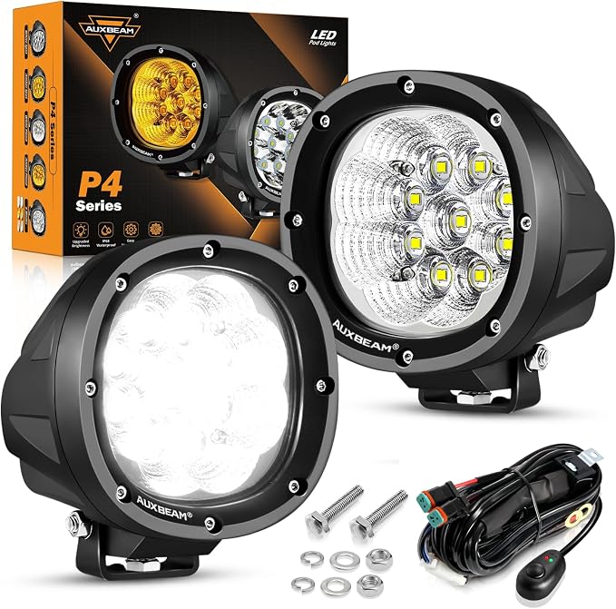 Auxbeam 4 Inch Round LED Light Pods, 90W Offroad Flood White Light Bar, Super Bright 9000LM Driving Work Light with DT Plug Wiring Harness Kit for Truck Boat Pickup ATV UTV SUV-2PCS