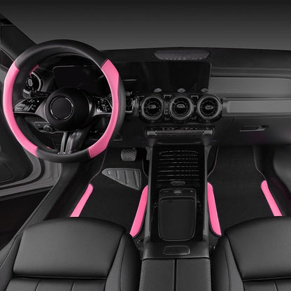 CAR PASS Faux Leather Steering Wheel Cover and Waterproof Car Floor Mats,Universal Car Combo Fit for 95% Sedan,SUV,Cars,14.5-15inch Sporty Anti-Slip Safety Comfortable Design(Black＆Pink)