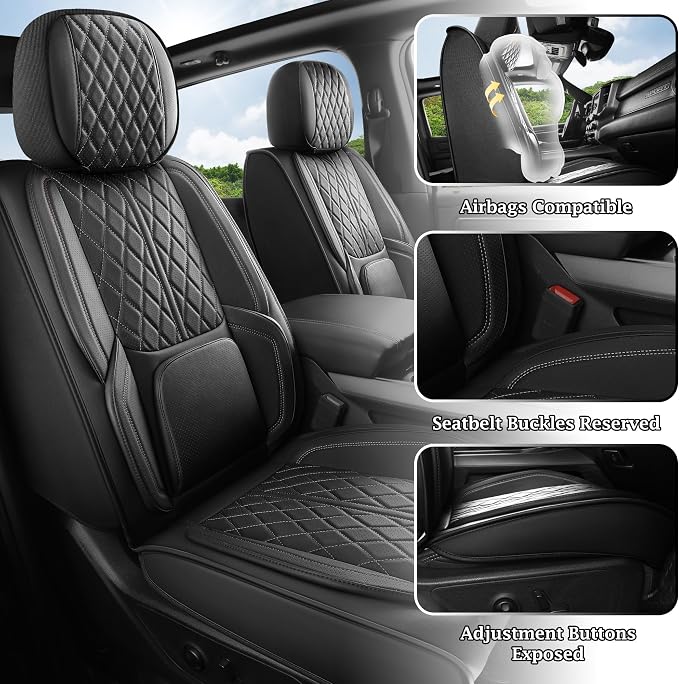 Custom Fit Chevy Silverado GMC Sierra 1500 2007-2026 2500/3500 HD Crew Cab Full Set Car Seat Covers - 5 Pack, Premium Faux Leather Truck Seat Protector with Airbag Compatible Design, Black