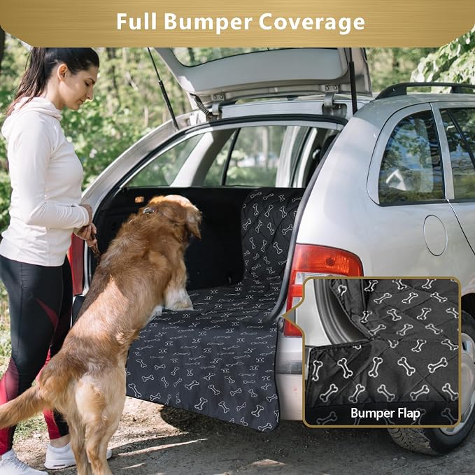 F-color SUV Cargo Liner for Dogs, Water Resistant Pet Cargo Cover Dog Seat Cover Mat for SUVs Sedans Vans with Bumper Flap Protector, Non-Slip, Large Size Universal Fit, Bone