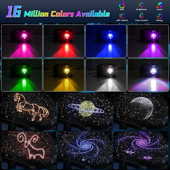Twinkle Car Starlight Headliner Kit, RGBW 16W 200pcs*0.03in*9.8ft Fiber Optic Star Roof Lights with APP& Remote Controlled, Sound Activated Ceiling Star Lights for Home/Car Decor