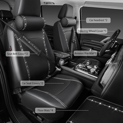 CAR PASS 14 PCS Bling Diamond Car Accessories Set for Women, Leather Seat Covers Front Seats Sparkly Rhinestone 15'' Steering Wheel Covers Shining Diamond Car Floor Mats Cute Interior Sets, Silver