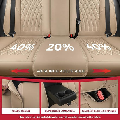 FREESOO Beige Car Seat Cover Full Set - Faux Nappa Leather Seat Covers for Cars, Ultra Breathable Waterproof Front Seats Cushion Protectors with Lumbar Support, Universal Fit for Sedans SUVs Pickups