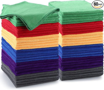 Nuenen 60 Pcs Microfiber Cleaning Cloths for Cars 16 x 16 Inch Ultra Absorbent Car Towels Drying Reusable Cleaning Supplies House Kitchen Window Microfiber Towel (6 Color)
