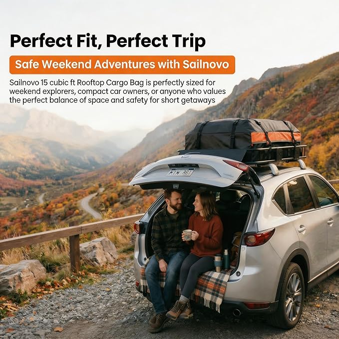 Sailnovo Car Rooftop Cargo Carrier 15 Cubic Feet, Waterproof 1000D PVC Car Roof Bag with Anti-Slip Mat, Combination Lock, Storage Bag, Door Hooks & Tie-Down Strap fit Vehicle with/Without Luggage Rack