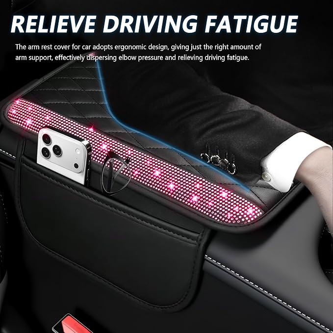 Stacool Upgraded Car Center Console Cover with Rhinestones,Microfiber Leather Car Armrest Cover Cushion with 2 Storage Bags,Universal Cars Armrest Storage Box as Cars Interior Accessories