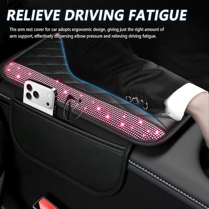 Stacool Upgraded Car Center Console Cover with Rhinestones,Microfiber Leather Car Armrest Cover Cushion with 2 Storage Bags,Universal Cars Armrest Storage Box as Cars Interior Accessories