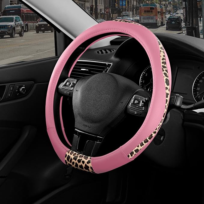 Road Comforts Steering Wheel Cover - Flat Bottom Wheel Cover Made with PVC Leather and Leopard Fabric - Universal Fit for 15-Inch D-Shaped Automotive Steering Wheels (Pink Color)
