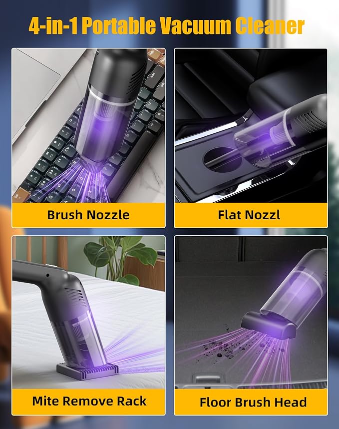 Handheld Vacuum Cordless, Car Vacuum Portable Cordless with 12000PA Strong Suction, Multi-Nozzles & 2 Washable Filters, 0.9lb Lightweight, Mini Hand Vacuum Cleaner for Car, Home, Office, Pet Hair
