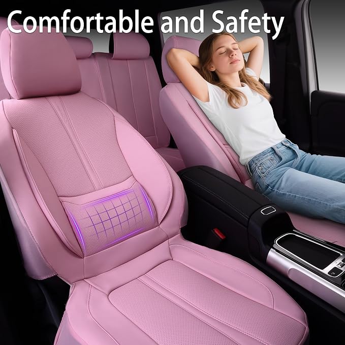 CAR PASS Pink Leather Seat Covers Full Set, Water Resistant 3D Foam Faux Leather Seat Cover, Luxury Comfort Automotive 5 Seat Covers Cute for Women Girly, Universal Fit SUV, Vans, Trucks, All Pink