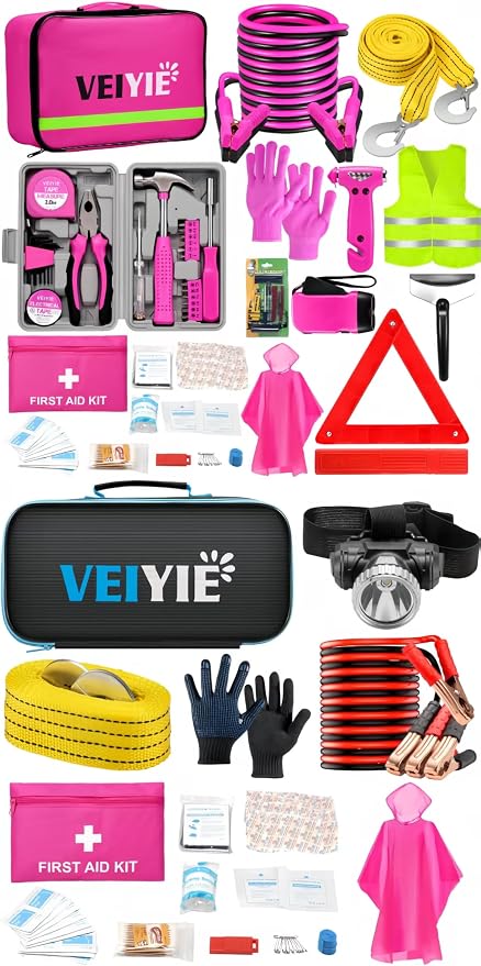 20Pcs Roadside Emergency Car Kit with Jumper Cables, Car Safety Kits, Car Safety Roadside Assistance Kit Headlamp,Tow Strap, Tool Kit, Road Trip Assistance for Men, Women, New Driver Gifts