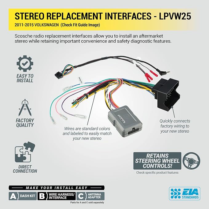 Scosche LPVW25 LINK+ Factory Stereo Replacement Audio Interface Adapter - Compatible with Select 2011-15 Volkswagen Vehicles - Car Radio Wiring Harness - Retains Steering Wheel Control & OEM Amplifier