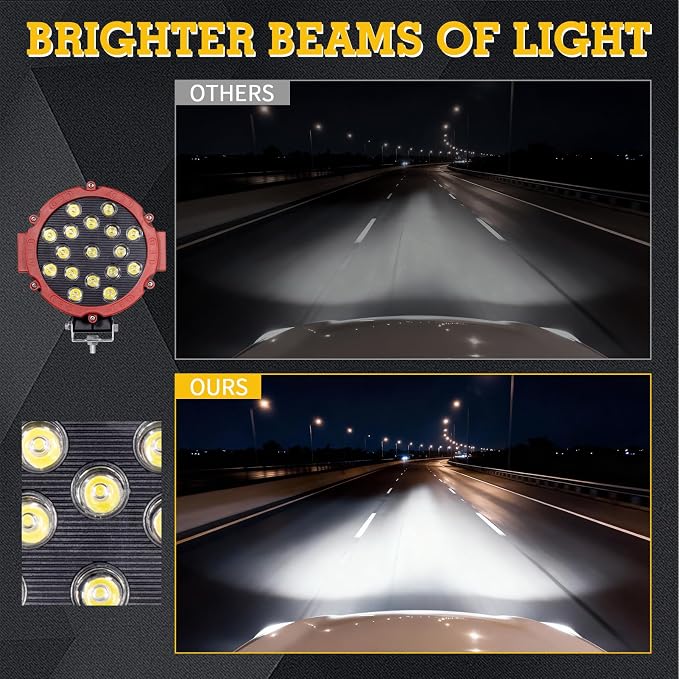 Round Off Road Led Lights 7 Inch 51W 2pcs Round Spot Light Off Road Driving Work Lamp Bumper Roof Fog Lights Fit for Jeep, ATV, SUV, Truck, Hunters (Red)