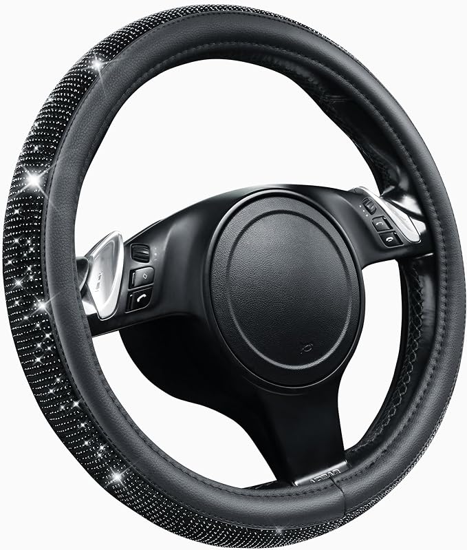 CAR PASS Bling Diamond Leather Steering Wheel Cover, With Sparkly Crystal Glitter Rhinestones Universal Fit 14"1/2-15" Car Wheel Protector for Women Girl Fit Suvs,Vans,Sedans,Car,Trucks, Black Diamond