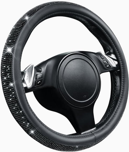 CAR PASS Bling Diamond Leather Steering Wheel Cover, With Sparkly Crystal Glitter Rhinestones Universal Fit 14"1/2-15" Car Wheel Protector for Women Girl Fit Suvs,Vans,Sedans,Car,Trucks, Black Diamond