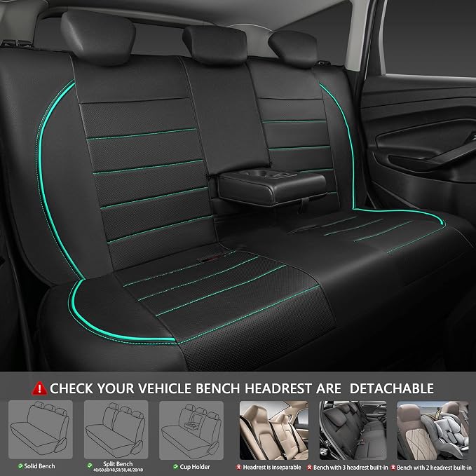 CAR PASS Universal FIT Piping Leather Car Seat Cover, for suvs,Van,Trucks,Airbag Compatible,Inside Zipper Design and Reserved Opening Holes (Full Set, Black and Mint)