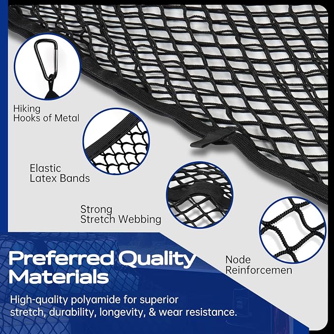 Double Layer Cargo Net for Truck Bed - for SUV/Truck/Pickup, 4'x4' Stretches to 7'x7' Highly Elastic Cargo Net - Trunk Organizer with 8 Hooks & Anti-Slip Clips - Universal Vehicle Storage Net