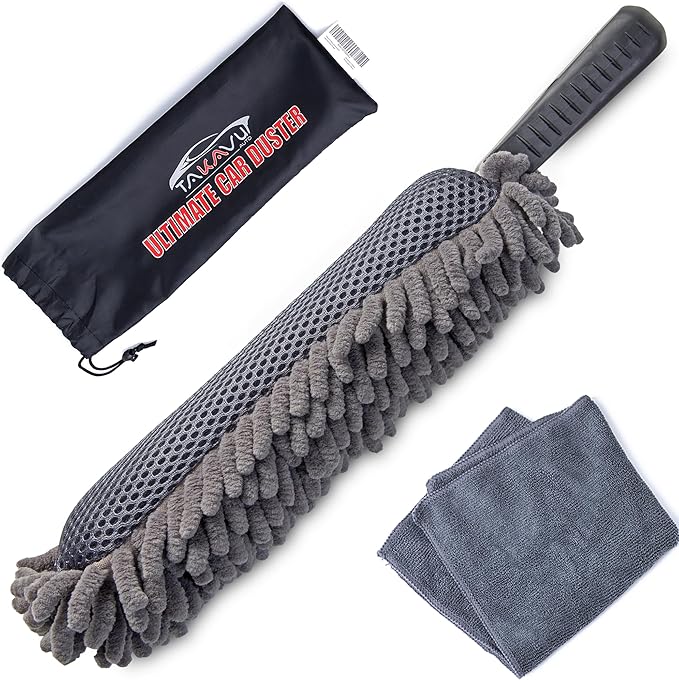 TAKAVU Car Duster Interior - Double-Sided Microfiber with Comfort Handle - Lint & Scratch-Free Cleaning for Cars, Trucks, RVs (Includes Towel & Storage Bag)