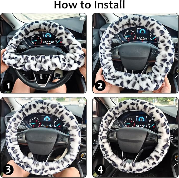 Accmor Fuzzy Car Steering Wheel Cover, Universal Fit Fur Auto Wheel Cover & Handbrake Cover & Gear Shift Cover Set, Leopard Winter Warm Fluffy Vehicle Wheel Protector Car Accessories for Men Women