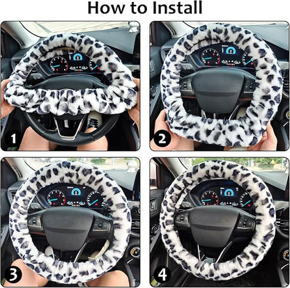 Accmor Fuzzy Car Steering Wheel Cover, Universal Fit Fur Auto Wheel Cover & Handbrake Cover & Gear Shift Cover Set, Leopard Winter Warm Fluffy Vehicle Wheel Protector Car Accessories for Men Women