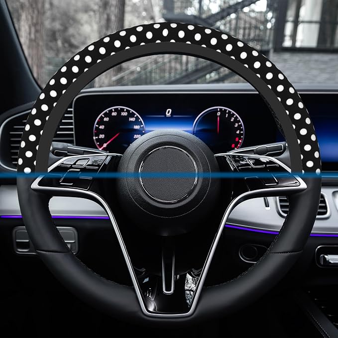 Car Steering Wheel Cover, 14.5"-15" Inch Universal Anti-Slip DurableSteering Wheel Protective Cover, Breathable Auto Interior Decoration Accessories for Sedan SUV Truck (Black White Polka Dot)