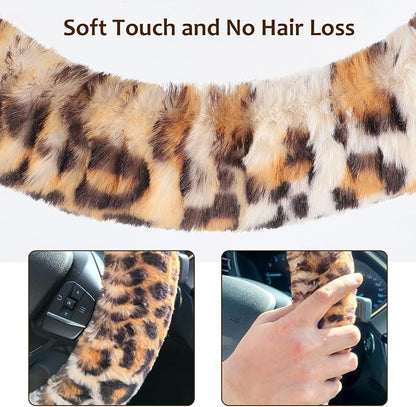 Accmor Fluffy Car Steering Wheel Cover, Universal Fuzzy Wheel Cover 14 1/2-15 & Handbrake Cover & Gear Shift Cover Set, Anti-Slip Leopard Warm Fur Vehicle Wheel Protector Car Accessories for Men Women
