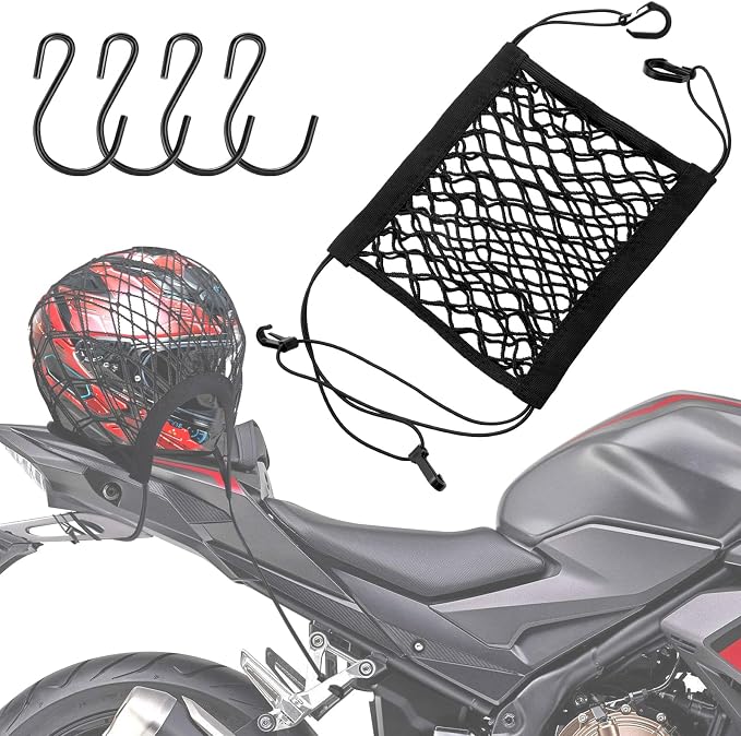 SARDVISA Upgrade Cargo Net for Motorcycle Helmet Storage, 10"X11" High-Elastic Double Layer Bungee Net with 4 Strong Hooks, Luggage Strap Rack Expansion Organizer Net Pocket for Motorbike Trike Cycle