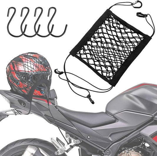 SARDVISA Upgrade Cargo Net for Motorcycle Helmet Storage, 10"X11" High-Elastic Double Layer Bungee Net with 4 Strong Hooks, Luggage Strap Rack Expansion Organizer Net Pocket for Motorbike Trike Cycle
